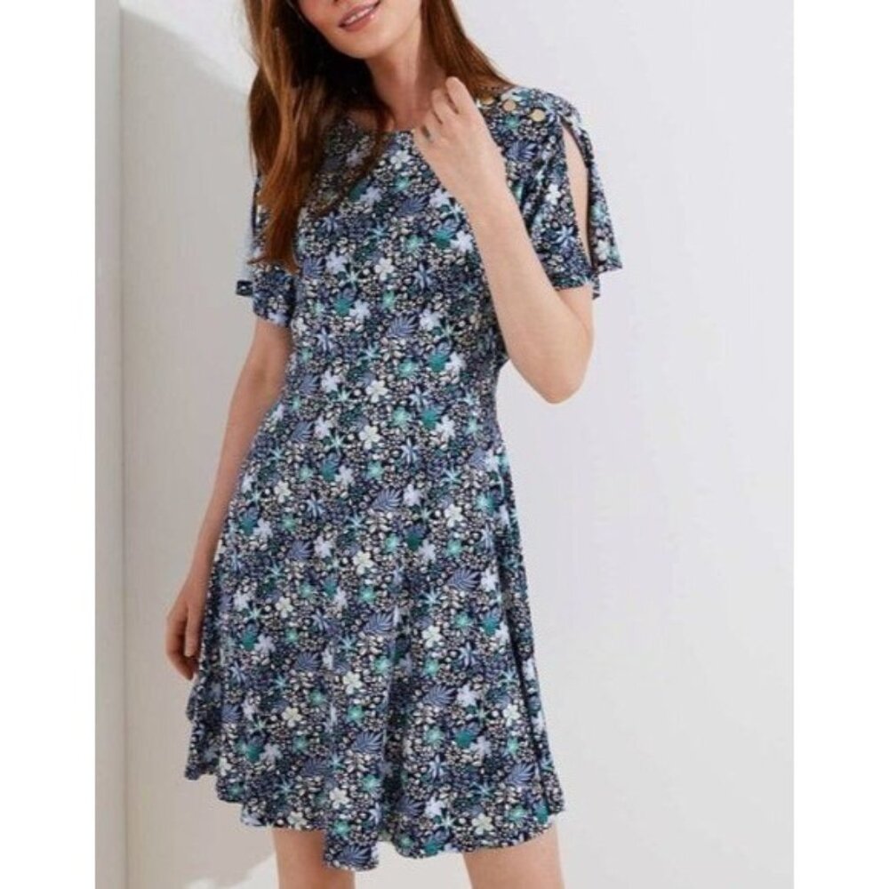 LOFT Split Flutter Sleeve Floral Dress, Navy Blue, size 4, Rayon/Spandex